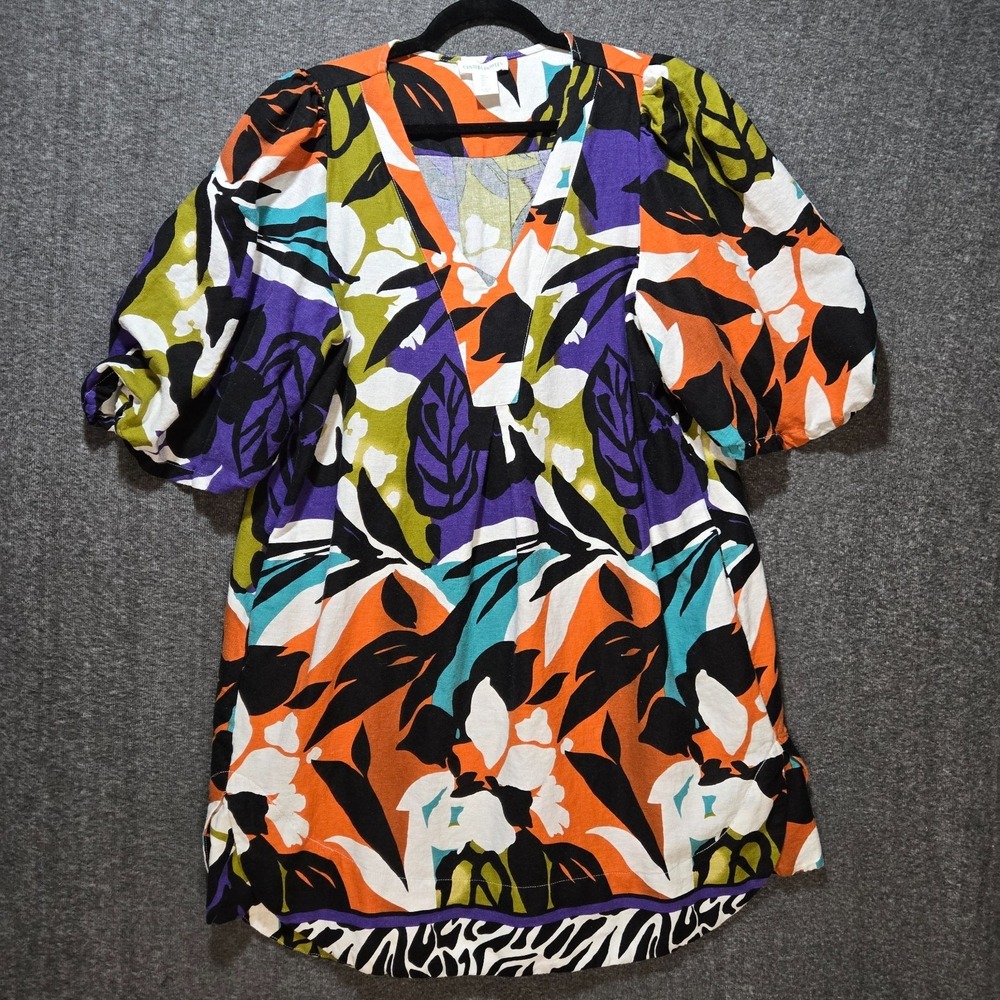 Cynthia Rowley Linen Colorful Short Puff Sleeve V-Neck Knee Length Dress Sz L
